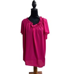 Ruffled Hot Pink Blouse Flowy Short Sleeve Top Lightweight Woman's Plus Size XXL